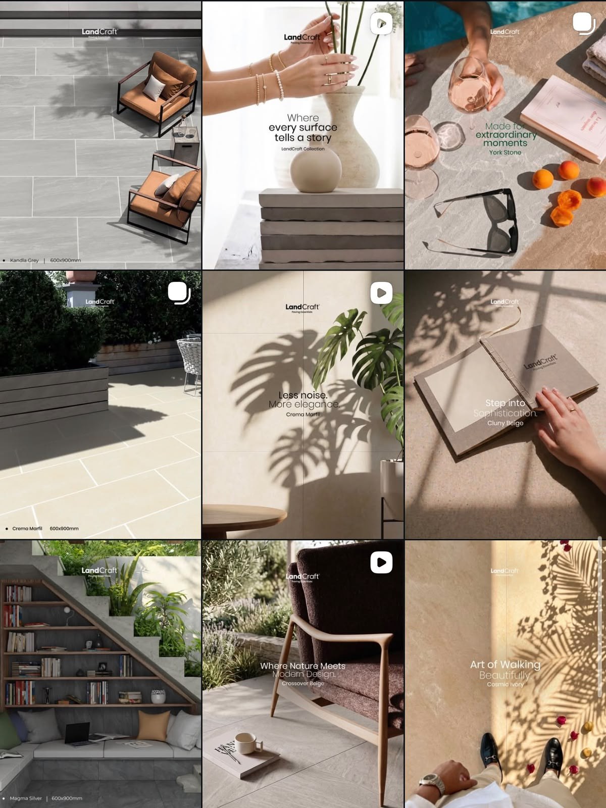 Product in situ: surfaces, styled interiors.